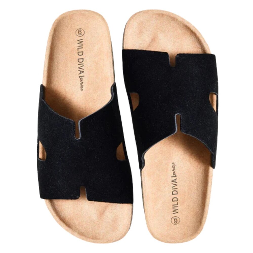 Wildโ Diva Michiko Cork Resort Slide Sandals in Black